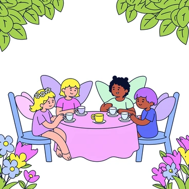 A whimsical garden filled with vibrant flowers in various colors, including pink, yellow, and blue. In the center, a small round table draped with a pastel tablecloth is set for a tea party. Around the table, tiny fairies with delicate wings in shades of lavender and mint green are seated. They are holding miniature teacups and saucers, which are decorated with floral patterns. One fairy has a crown made of daisies, while another wears a dress made of petals. Lush green leaves frame the scene, and soft sunlight filters through, creating a magical atmosphere.