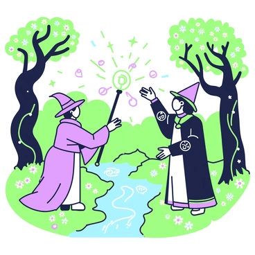 Two wizards stand facing each other in a dense, enchanted forest. The first wizard, wearing a flowing robe adorned with intricate symbols, holds his staff high, channeling energy towards his opponent. The second wizard, dressed in a cloak with a pointed hood, extends his hands outward, preparing to counter the spell. Surrounding them, ancient trees tower with twisting branches and vibrant foliage. Ethereal lights float in the air, illuminating the scene. The forest floor is covered with soft moss and patches of colorful flowers, enhancing the mystical atmosphere. In the background, a sparkling stream winds through the trees, adding depth to the enchanting setting.