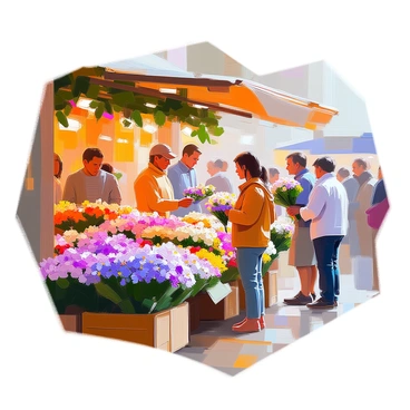 A bustling flower market stall filled with bunches of vibrant aster flowers
