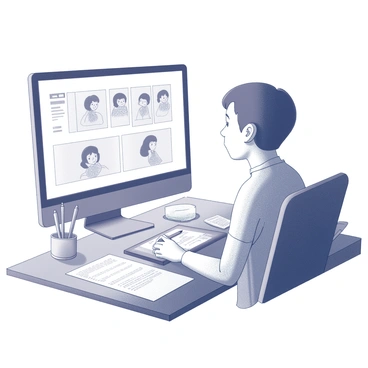 An illustrator is focused on their computer screen, working on a medium-sized animated GIF. The screen displays a series of sequential frames showing character movements. The illustrator is using a stylus on a graphic tablet, with a concentrated expression. Various sketches and notes are scattered around the workspace, providing context to the animation process. The setting includes a desk with art supplies, a cup of pens, and a soft light illuminating the scene.