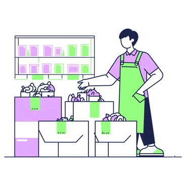 A shop owner is inspecting a big bulk order of goods in a store. The shop owner has short hair and is wearing an apron over casual clothing. In front of them, there are large boxes stacked neatly, filled with various items. The store has shelves lined with colorful products in the background. The lighting creates a bright atmosphere, highlighting the details of the items in the boxes.