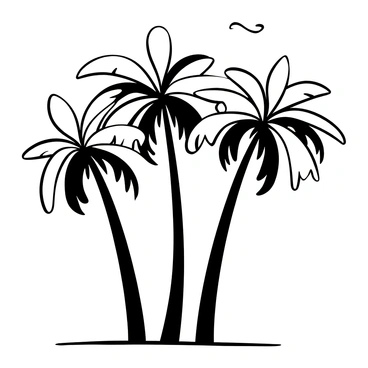 A group of tall coconut palms with slender trunks and large, arching fronds swaying gently in the breeze. The palms are arranged in a cluster, casting elongated shadows on the ground below. The background features a clear sky, adding to the sense of serenity. The scene captures the movement of the fronds as they respond to the wind, creating a dynamic composition.