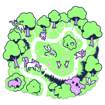 A detailed vector map of an enchanted forest is laid out across the canvas. The forest features dense clusters of trees with broad canopies, representing different types of foliage. Winding paths traverse the area, some leading to small clearings and others disappearing into thickets. Scattered throughout the map, there are illustrations of magical creatures including a small dragon perched on a branch, a unicorn grazing in a meadow, and fairies fluttering around flowers. Ethereal streams and hidden caves are marked with symbols, creating an adventurous feel. The overall composition is rich with diverse elements that invite exploration.