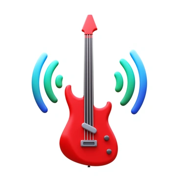An electric guitar with a sleek, glossy finish in bright red color. The guitar is positioned upright, showcasing its sharp body and elegant neck. Vibrant sound waves in various shades of blue and green are emanating from the strings, visually representing the energy and rhythm of the music being played. The background is soft and neutral to emphasize the guitar and the dynamic sound waves surrounding it.