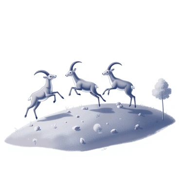A group of young ibex kids is playing together on a grassy hill. The ibex kids are leaping and bounding with joy, their bodies in various playful positions as they interact with each other. The hill is covered in lush grass, dotted with small rocks and patches of wildflowers. In the background, a few trees stand, providing a sense of depth to the scene. The sky above is vast, adding to the openness of the environment.