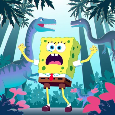 A startled Spongegar with a vibrant yellow porous body resembling a sponge is standing in a lush prehistoric forest. He has wide, exaggerated eyes and a gaping mouth, showcasing his astonishment. Surrounding him are various dinosaurs, including a towering Brachiosaurus with a long neck and a small, agile Velociraptor with sharp claws. The dense foliage features large ferns and colorful, oversized flowers, creating a vibrant atmosphere. Sunlight filters through the tall trees, casting dappled shadows on the ground. Spongegar's arms are raised as if trying to shield himself from the dinosaurs, emphasizing his surprise in this dynamic scene.