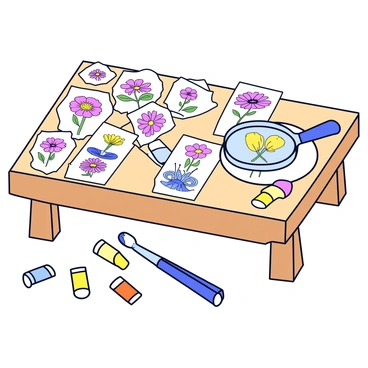 A wooden table with a smooth surface, covered in numerous sketches of different flowers, including roses, daisies, and tulips. Each sketch showcases intricate details of the flowers. A round magnifying glass is placed next to the sketches, allowing for a closer examination of the artwork. Scattered around the table are small tubes of watercolors, in a range of vibrant colors, along with a few paintbrushes lying nearby.