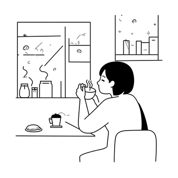 A short-haired girl is sitting at a small wooden table in a cozy cafe. She is holding a steaming cup of hot coffee with both hands, bringing it close to her face as she takes a sip. The cafe has a warm, inviting atmosphere with wooden furnishings and soft decorations. In the background, there are shelves filled with books and jars of coffee beans. The girl is looking out the window, her expression thoughtful, as the sunlight streams in and casts soft shadows around her. A small plate with a pastry sits on the table beside her.