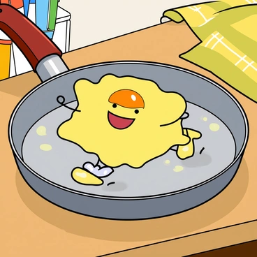 A bright yellow fried egg is skating joyfully on a shiny, silver buttered frying pan. The egg has a wide, cheerful smile and little cartoonish arms and legs, gliding smoothly across the surface. The frying pan is positioned on a wooden countertop, with a few droplets of melted butter glistening around the edges. In the background, there are colorful utensils and a bright checkered cloth, adding to the playful atmosphere of the scene. A sunny light source is casting soft shadows, enhancing the vibrant colors throughout the image.