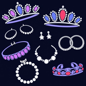 A collection of tiaras and jewels with intricate designs. Each tiara is adorned with sparkling gemstones in various colors, including deep blue, vibrant red, and shimmering clear crystals. The jewels include necklaces, bracelets, and earrings, all showcasing detailed craftsmanship. The items are arranged neatly on a dark velvet background that enhances their brilliance and elegance.