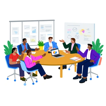 A group of five salespeople sitting around a large, oval conference table. Each person is dressed in professional business attire, with two women wearing blouses and blazers, and three men in dress shirts and ties. They are engaged in an animated discussion, with one person gesturing towards a stack of colorful charts and graphs placed in front of them. A laptop is open, displaying a pie chart on the screen. The room features large windows letting in bright natural light, and there are potted plants in the corners, creating a lively atmosphere. A whiteboard behind them is filled with notes and diagrams related to their strategies.