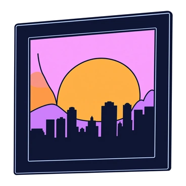 A sleek frame with a glossy black finish. Inside the frame, there is a silhouette of a city skyline, showcasing various building shapes and heights. The skyline is set against a vivid sunset, with a gradient of warm colors including deep orange, soft pink, and hints of purple blending into the sky. The bottom of the frame is adorned with a subtle decorative border.