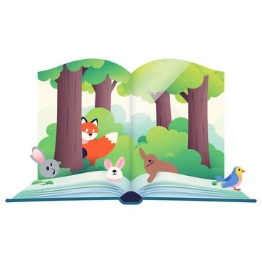 A pop-up book is open, displaying a lush, green forest scene. The background is filled with tall trees with thick trunks and vibrant green leaves. Various animals are peeking out from behind the trees and bushes. A curious fox with a bright orange coat is partially hidden behind a tree trunk. A small brown rabbit is sitting in the foreground, with its ears perked up. Nearby, a colorful bluebird is perched on a branch, looking down. Soft sunlight filters through the leaves, casting gentle shadows on the forest floor, which is covered with soft moss and fallen leaves.