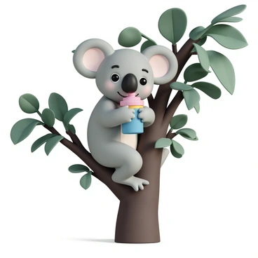 A cartoon koala perched in a tree drinking from a water bottle