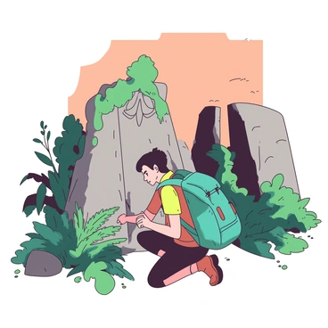 An explorer wearing a teal backpack is kneeling beside a large stone structure, which is partially covered in green moss and vines. The explorer has a focused expression as they examine an intricate carving on the stone surface. Surrounding the ruins, various plants and ferns grow abundantly, adding to the sense of age. The sky above is a muted orange, casting a warm glow over the scene and highlighting the details of the ancient architecture.