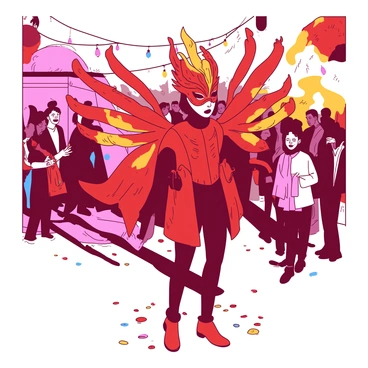 A character wearing a vibrant red costume adorned with intricate patterns stands at a festival. The costume features elaborate wings that are designed to resemble flames, with wisps of orange and red extending outward. The character's face is partially hidden by a decorative mask that complements the costume, and they are surrounded by excited festival-goers. Colorful lights illuminate the scene, casting a warm glow over the festivities. The ground is littered with confetti and streamers, adding to the lively atmosphere of the event.