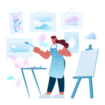 An artist is standing in front of a wall filled with various illustrations that are hung up for display. The artist is holding a paintbrush and wears a colorful apron splattered with paint. The illustrations on the wall include abstract shapes, floral designs, and landscapes in vibrant colors. A large easel with a blank canvas stands beside the artist, and paint tubes are scattered on a nearby table. The artist looks focused and engaged in the creative process.