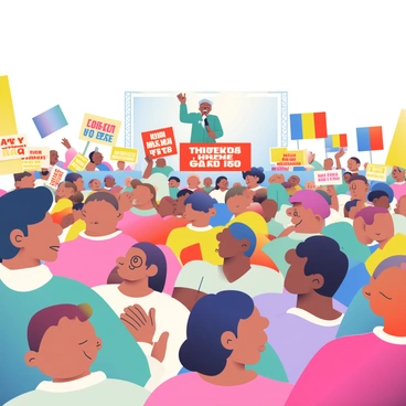 A large group of enthusiastic supporters is gathered at a campaign rally. The crowd is diverse, featuring individuals of different ages and ethnicities. Many supporters are holding colorful signs with various slogans, all written in bold letters. The signs are crafted from cardboard and feature bright colors like red, blue, and yellow. Flags in a mix of vibrant colors are being waved energetically throughout the crowd. In the background, a large stage is visible, where a candidate is speaking passionately into a microphone. The atmosphere is filled with excitement as people cheer and smile, creating a dynamic and engaging scene.