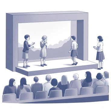 A stage set up for a school play in a large auditorium. There are several students in costume, portraying various characters, engaged in a performance. One student is speaking to another, while others are positioned around them, showcasing their expressions and movements. The backdrop features painted scenery that complements the play's theme. In the audience, parents are seated, some with their hands clasped, watching intently, while others are smiling proudly. The auditorium is filled with rows of chairs, and the atmosphere is charged with excitement and anticipation.