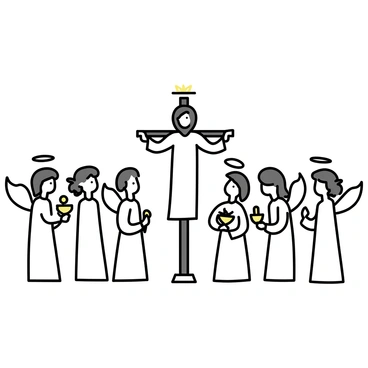 A depiction of Jesus on the cross, elevated prominently in the center. Surrounding Him are six angelic figures with wings, each in a different pose. The angels are draped in flowing white robes, and their faces are serene and focused on Jesus. Each angel holds a unique object: one with a golden crown, another with a white lily, a third with a scroll, a fourth with a golden chalice, a fifth with a glowing orb, and the last with a small cross. The scene conveys a sense of reverence and unity among the figures.