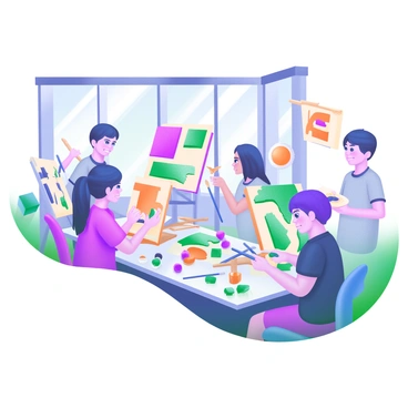A colorful workshop scene filled with students actively creating art projects using various materials. Each student is engaged in their work, surrounded by a variety of supplies like paint, brushes, fabric, and paper. Some students are painting on canvases, while others are cutting and gluing materials together. The tables are cluttered with tubes of paint, brushes, scissors, and an assortment of colorful craft items. Bright natural light streams in through large windows, illuminating the vibrant atmosphere of creativity.