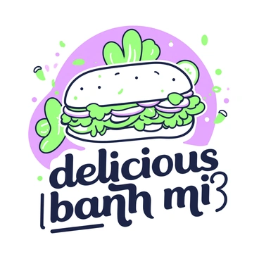A retro-style poster advertising “delicious banh mi.” The poster features a prominent depiction of a banh mi sandwich, with layers of fresh vegetables, cilantro, and sliced meat visible. The sandwich is placed diagonally across the poster, with a green outline emphasizing its shape. Below the sandwich, there is bold text that reads “delicious banh mi” in large letters. The background includes secondary elements such as small illustrations of the ingredients like chilies and cucumbers, creating an attractive composition. The overall layout has a nostalgic feel, with a green and purple color scheme accentuating the design.