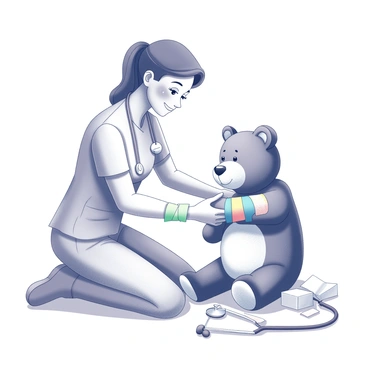 A cartoon nurse is kneeling beside a teddy bear, carefully bandaging its arm. The nurse is wearing scrubs and has a friendly smile, showing compassion as she tends to her patient. The teddy bear is sitting upright, looking comforted as the nurse wraps a colorful bandage around its arm. There are medical supplies scattered on the ground nearby, including a stethoscope and some gauze. The scene conveys a sense of care and warmth between the nurse and the teddy bear.