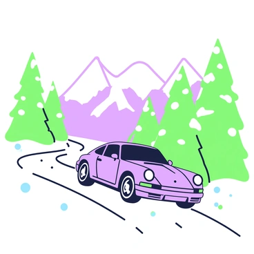 A Porsche 911 is driving along a snow-covered mountain road. The sleek sports car is positioned on the right side of the image, capturing its aerodynamic curves and distinctive shape. The road is winding upwards, bordered by tall evergreen trees dusted with snow, creating a winter wonderland atmosphere. Snowflakes are gently falling around the car, adding to the scene's chill. In the background, majestic snow-capped mountains rise under a cloudy sky, emphasizing the remote, serene setting.
