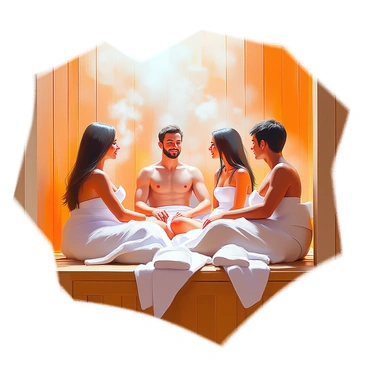 A group of three people, two women and one man, are relaxing in a wooden sauna. The walls and benches are made of warm-toned wood, creating a cozy atmosphere. The women have long hair, one with light skin and the other with slightly tanned skin, while the man has short hair and medium skin. Steam gently rises around them, creating a misty ambiance. The women are sitting on the bench, wrapped in towels while enjoying a calming conversation, while the man reclines with his eyes closed, savoring the heat. Soft light filters through the wooden slats, adding to the serene environment.