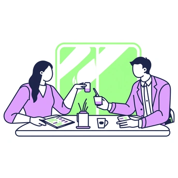 A transport broker and a shipping company representative are seated at a round table in a cozy café. The broker, a man in a tailored suit with short hair, is holding a cup of coffee in his right hand while using his left hand to emphasize a point. In front of him, there are documents spread out, including a contract and shipping schedules. The shipping company representative, a woman wearing a smart blouse with long hair pulled back, is leaning forward with an attentive expression, her hands resting on the table. A coffee pot and two additional cups are placed in the center of the table, and a small potted plant adds a touch of greenery to the scene. Sunlight filters through a nearby window, casting soft shadows across the table.