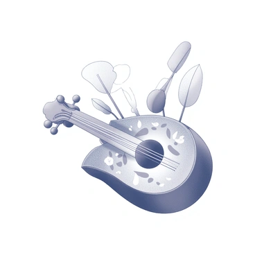 A whimsical musical instrument featuring several "châtaigne-shaped" elements arranged artistically throughout its design. The instrument has a curved body with intricate carvings that resemble natural forms, such as leaves and flowers. Each "châtaigne" element is uniquely positioned to represent different parts of nature, creating a harmonious and organic appearance. The overall structure combines flowing lines and gentle curves, resembling the shapes found in nature. Small, delicate details can be seen on the surface, adding texture and depth to the piece.