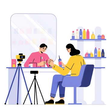 A bright, colorful salon setting with a large, well-lit mirror reflecting the workspace. A nail technician is sitting at a stylish, modern nail station, carefully painting a client's nails with a vibrant shade of purple. The technician holds a small brush in one hand and a bottle of nail polish in the other. Various nail art tools like brushes, dotting tools, and nail stickers are neatly arranged on the table. A camera on a tripod is positioned in front of them, capturing the process for a tutorial. The background features shelves stocked with an array of nail polishes in different colors and decorations, enhancing the lively atmosphere of the salon.