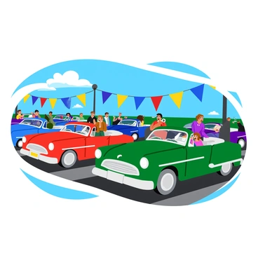 A vintage car show featuring several classic automobiles parked in neat rows. Each car showcases its unique design, with shiny chrome bumpers and glossy paint in vibrant colors such as red, blue, and green. The scene is set under "bright sunny skies" with a few fluffy white clouds, casting soft shadows on the ground. Spectators are admiring the vehicles, with some taking photographs while others are engaged in conversation. Vintage banners are hanging around the event, adding to the festive atmosphere.