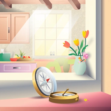 A brass compass with a glass cover is resting on the wooden windowsill of a rustic farmhouse kitchen. The compass is open, revealing a detailed needle pointing north against a cream-colored background. Sunlight streams through the window, casting warm light across the room and illuminating the dust particles in the air. In the background, there are wooden cabinets with antique handles, and a vase with wildflowers is placed nearby. The farmhouse kitchen has exposed wooden beams in the ceiling and a textured stone wall, enhancing the rustic atmosphere.