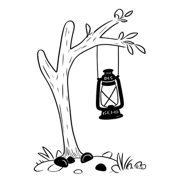 An old lantern hanging from a birch branch. The lantern is made of weathered metal, with intricate designs etched into its surface. Soft light radiates from within, casting shadows on the ground below. The birch branch is slender and adorned with delicate leaves, creating a contrast with the sturdy lantern. Surrounding the lantern, there are scattered stones and patches of grass, all illuminated by the warm glow emanating from the lantern.