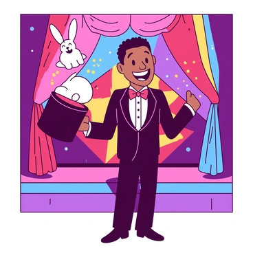 A vibrant scene featuring "Vadivelu" standing on a stage adorned with colorful curtains. He is wearing a classic magician's outfit, complete with a black tuxedo and a red bow tie. In his right hand, he confidently holds a black top hat, from which he is pulling out a white rabbit. The rabbit is mid-air, looking surprised as it emerges from the hat. The background is filled with bright lights, illuminating Vadivelu's joyful expression as he engages the audience with his magic trick.