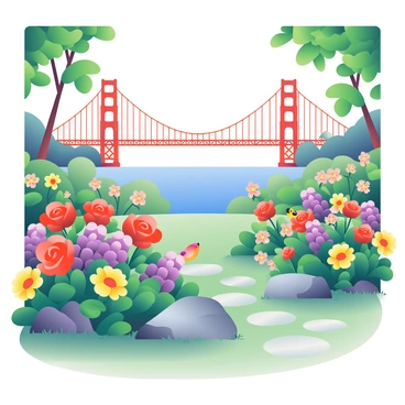 A vibrant garden is filled with various flowers including red roses, yellow sunflowers, and purple lilacs. In the background, the "Golden Gate Bridge" stretches across the scene, its iconic orange color contrasting against the blue sky. Green leafy trees frame the garden, and a stone path leads through the flowers, inviting viewers to explore. A small bird is perched on a nearby branch, adding life to the tranquil setting. The sunlight casts gentle shadows on the ground, enhancing the lushness of the garden.