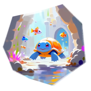 A "Squirtle," the small turtle Pokémon, is swimming through the vast halls of a rare underwater castle. The castle features intricate architecture with large, arched doorways and columns that resemble coral formations. Soft, ambient light filters through the water, illuminating the walls adorned with colorful seaweed and barnacles. "Shimmering fish" of various sizes and colors dart around, creating a lively atmosphere. Some of the fish are gracefully gliding past Squirtle as it curiously explores the surroundings, its large, expressive eyes reflecting the wonders of this magical underwater realm.