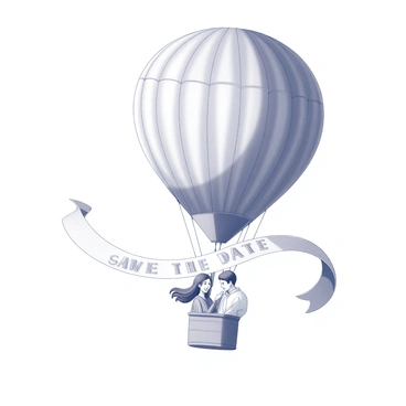 A hot air balloon floats high in the sky, its large, round envelope gently billowing. Below, a couple is visible in the basket, smiling and embracing each other. The woman has her hair flowing freely, while the man wraps his arm around her shoulder. A long banner trails down from the basket, elegantly unfurling in the wind. The banner has bold lettering that reads "Save the Date." The scene captures a moment of joy and celebration against a clear sky.