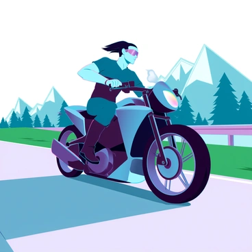 A sleek motorcycle with a shiny black frame is speeding down a smooth highway. The rider, a figure with a muscular build, is wearing aerodynamic glasses that reflect the surrounding landscape. The wind is visibly tousling their hair as they lean forward, showcasing determination and focus. The background features blurred trees and distant mountains, emphasizing the high speed. The highway stretches out ahead, flanked by green grass and a clear blue sky.