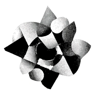 A modern geometric design displays a variety of overlapping shapes arranged in a dynamic composition. The shapes include triangles, circles, and squares, all intermingling with one another. The patterns within each shape present intricate details, enhancing the overall visual interest. The design is created through engraving techniques, showcasing fine lines and textures that contrast with the smooth surfaces of the shapes. Each overlapping section features a different pattern, creating a complex yet harmonious interaction among the elements.