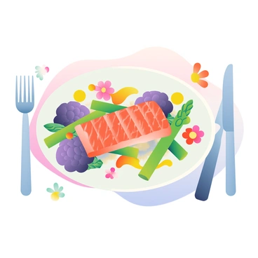 A gourmet dish is presented on a white plate in the center of the image. The plate is adorned with vibrant, colorful vegetables such as purple cauliflower and bright green asparagus spears. A perfectly seared piece of salmon sits atop a bed of fluffy quinoa. A drizzle of tangy sauce in shades of orange and yellow flows artistically around the dish. Surrounding the plate, there are delicate edible flowers in various colors, adding a playful touch. In the background, soft pastel colors create a warm and inviting atmosphere. A small fork and knife are placed neatly beside the plate, completing the elegant presentation.