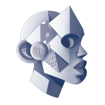 A face composed of various geometric shapes, including triangles, rectangles, and circles, arranged in an abstract manner. The shapes overlap and intersect to create the features of the face, such as the eyes, nose, and mouth. The overall design is fragmented and multi-dimensional, showcasing multiple perspectives simultaneously. Several bold patterns and textures are incorporated within the shapes, adding depth and interest to the composition.