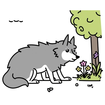 A grey wolf with thick fur and sharp features is crouching low to the ground in a springtime forest. The wolf's nose is close to colorful flowers blooming around it, the petals vibrant in shades of yellow, pink, and purple. Sunlight filters through the green leaves of the trees overhead, casting dappled shadows on the forest floor. The wolf's amber eyes are focused intently on a cluster of flowers, showcasing its curiosity and alertness. Surrounding the wolf are lush ferns and patches of soft moss, adding to the rich greenery of the scene.