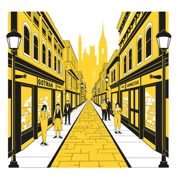 A bustling street scene in a historic district of Gotham City, featuring cobblestone streets underfoot. On either side, there are vintage shops with ornate signage, displaying an array of goods in their windows. People in period clothing stroll along the sidewalks, some stopping to admire the displays. Decorative lampposts line the street, casting light on the buildings that have intricate architectural details. In the background, the skyline of Gotham City looms, hinting at its characteristic gothic architecture.