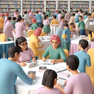 A large indoor book fair filled with numerous visitors. There are several authors sitting at tables, each with a stack of their books, smiling and chatting with fans as they sign copies. The authors are diverse in appearance, with one wearing glasses and a blue shirt, while another has bright red hair and is dressed in a green dress. Shelves filled with colorful books are lined up around the venue, and people are seen browsing through the titles, some flipping through the pages while others are engaged in conversations. The atmosphere is lively with people of different ages, from children to adults, all enjoying the experience of discovering new books.