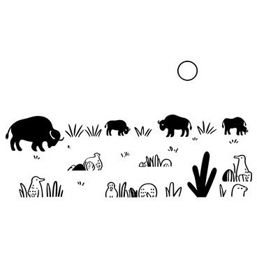 A wide prairie grassland stretches across the image, with tall grass swaying gently in the breeze. Several bison are scattered throughout the scene, grazing on the lush vegetation, their large bodies contrasting with the surrounding grass. In the foreground, multiple prairie dogs are emerging from their burrows, some standing upright while others are partially hidden in the grass. A clear sky above complements the expansive landscape, enhancing the natural atmosphere of the prairie.