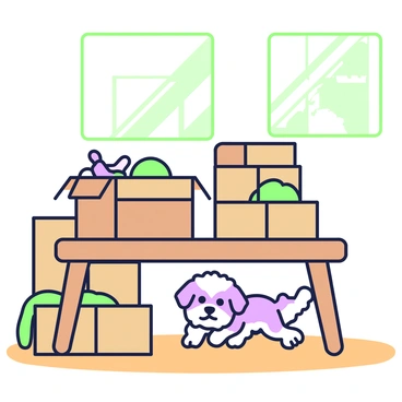A timid puppy with fluffy fur is hiding under a wooden table. The table is simple with four sturdy legs and a smooth surface. The puppy's eyes peek out from the shadow of the table, displaying a sense of curiosity and apprehension. Surrounding the table, there are several unpacked cardboard boxes stacked haphazardly, some open with items spilling out, including a few colorful toys and a blanket. The floor is a warm tone, adding to the cozy but chaotic atmosphere of the new home. Sunlight filters through a nearby window, casting soft shadows on the floor.