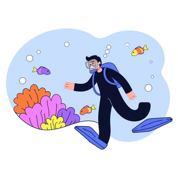 A scuba diver wearing a black wetsuit and a clear mask is swimming near a colorful reef. The reef is populated with various species of coral, displaying shades of orange, pink, and purple. Tropical fish of different sizes and colors swim among the corals. Surrounding the diver are multiple bubbles rising to the surface, indicating gas exchange occurring in the water. The diver's fins are kicking gently as they explore the underwater environment.