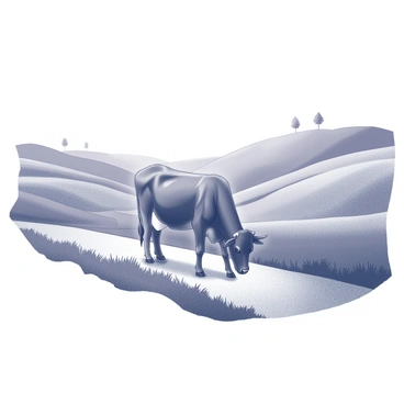 A cow standing on a hiking trail in the countryside. The cow is positioned in the center of the trail, with its head lowered as it grazes on the grass. The trail is bordered by lush vegetation on both sides. In the background, there are softly rolling hills that create a gentle landscape. The hills have varying textures and shapes, adding depth to the scene. A few scattered trees can be seen atop the hills, enhancing the natural setting. The sky above is clear, highlighting the peacefulness of the countryside.